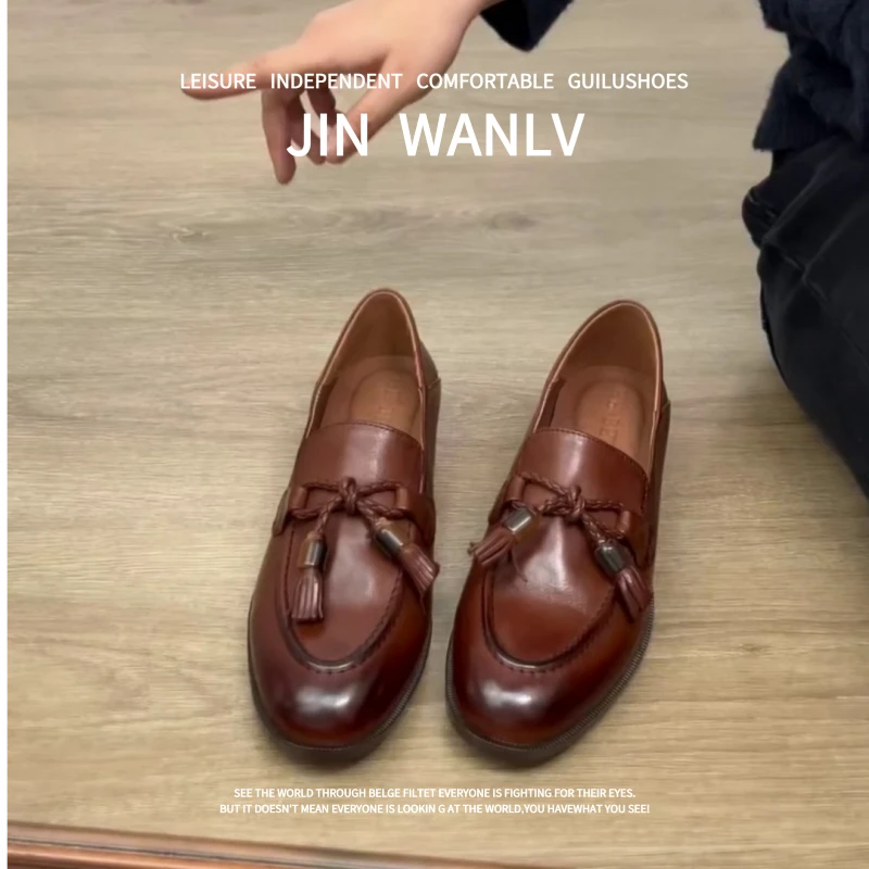 羊皮版~2025秋冬新款英伦风小皮鞋女蝴蝶结流苏圆头厚底乐福单鞋