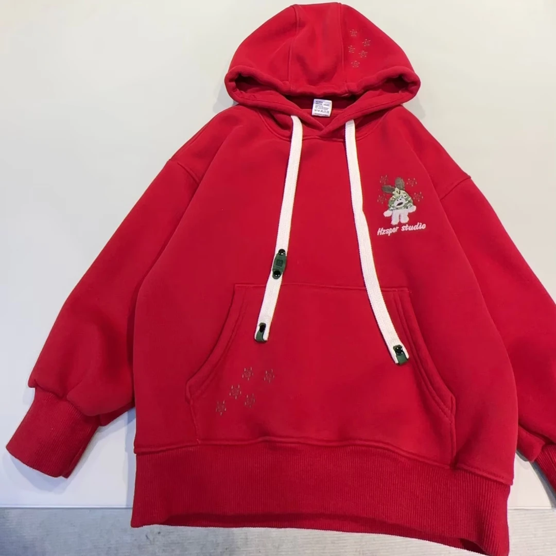 儿童冬装韩范加绒卫衣中大童红色连帽卫衣 9109