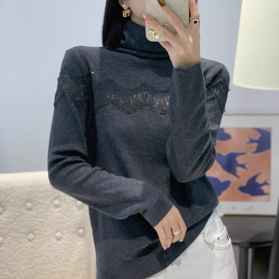 毛针织衫时尚秋冬上衣女秋冬蕾丝拼接修身毛衣长袖