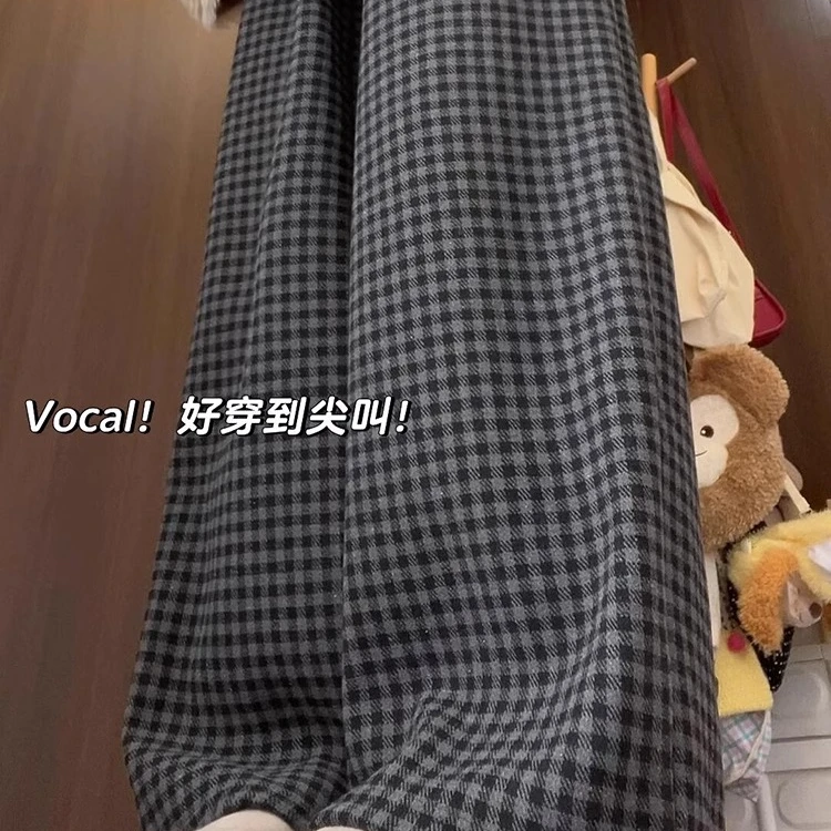 复古格子裤子女直筒秋冬季2024新款休闲小个子加绒加厚毛呢阔腿裤