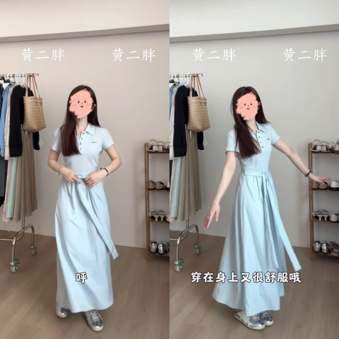 polo领短袖连衣裙女气质收腰绑带长裙