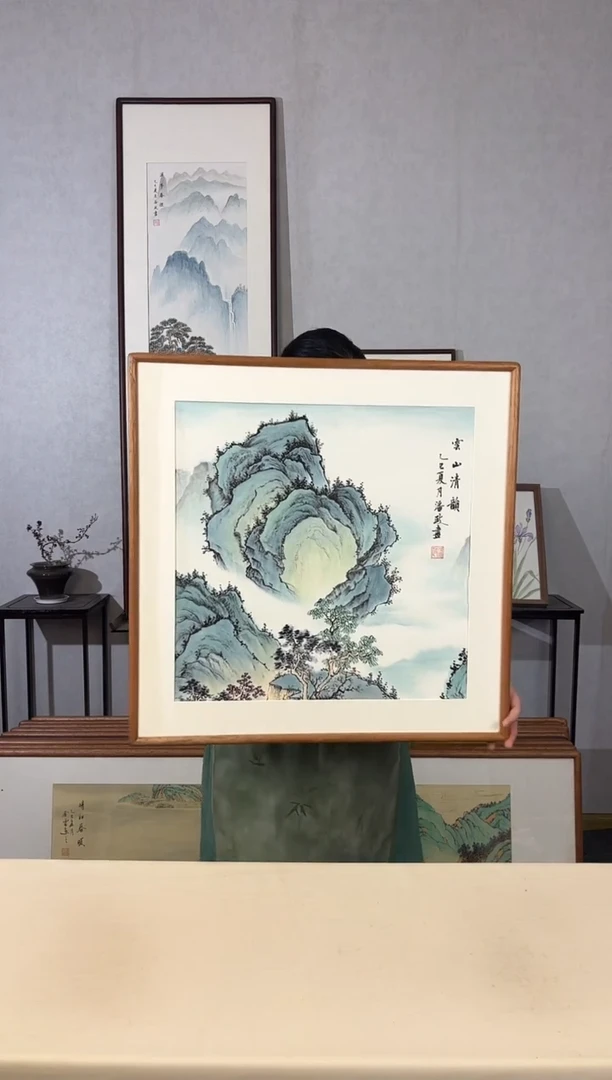 国画手绘*云山清韵*62*62cm实木框