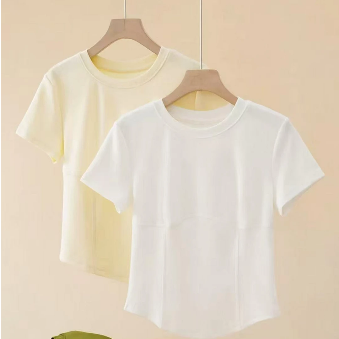 D8-3杏色“弧形下摆”短袖