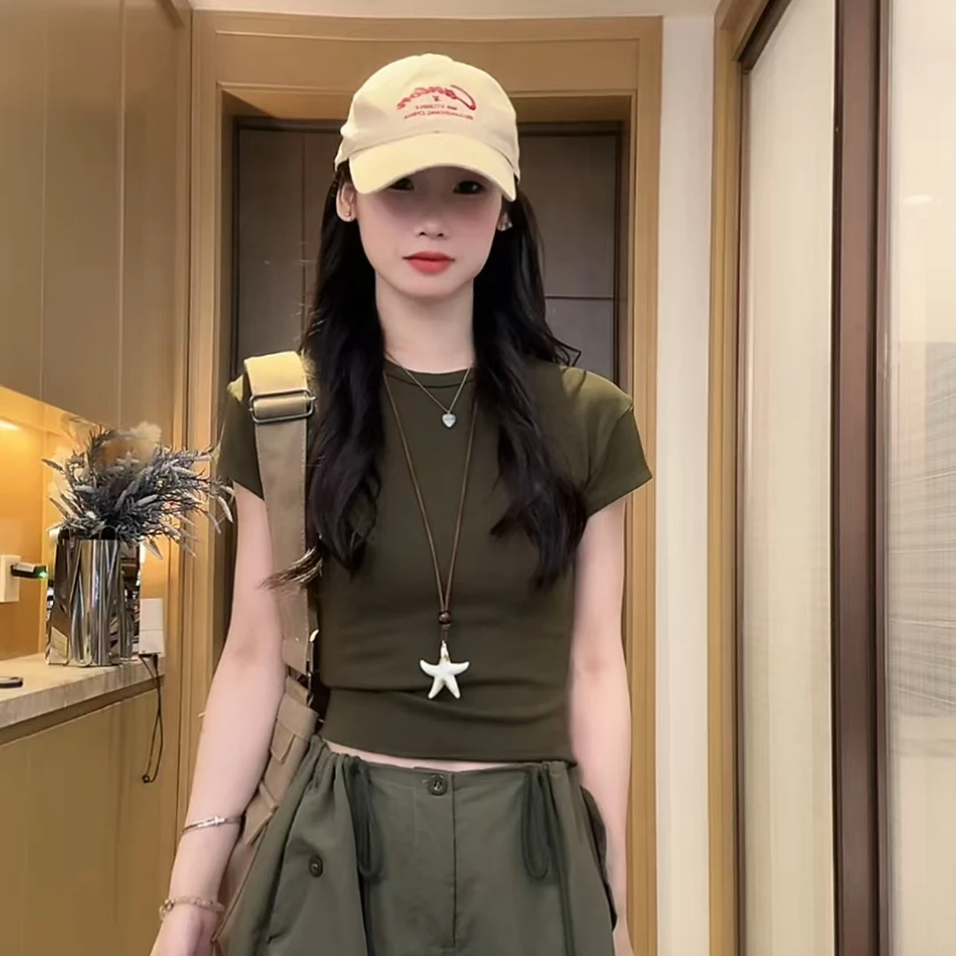 夏春茶修身短款卷边辣妹t女高弹高棉时尚圆领设计感小众上衣