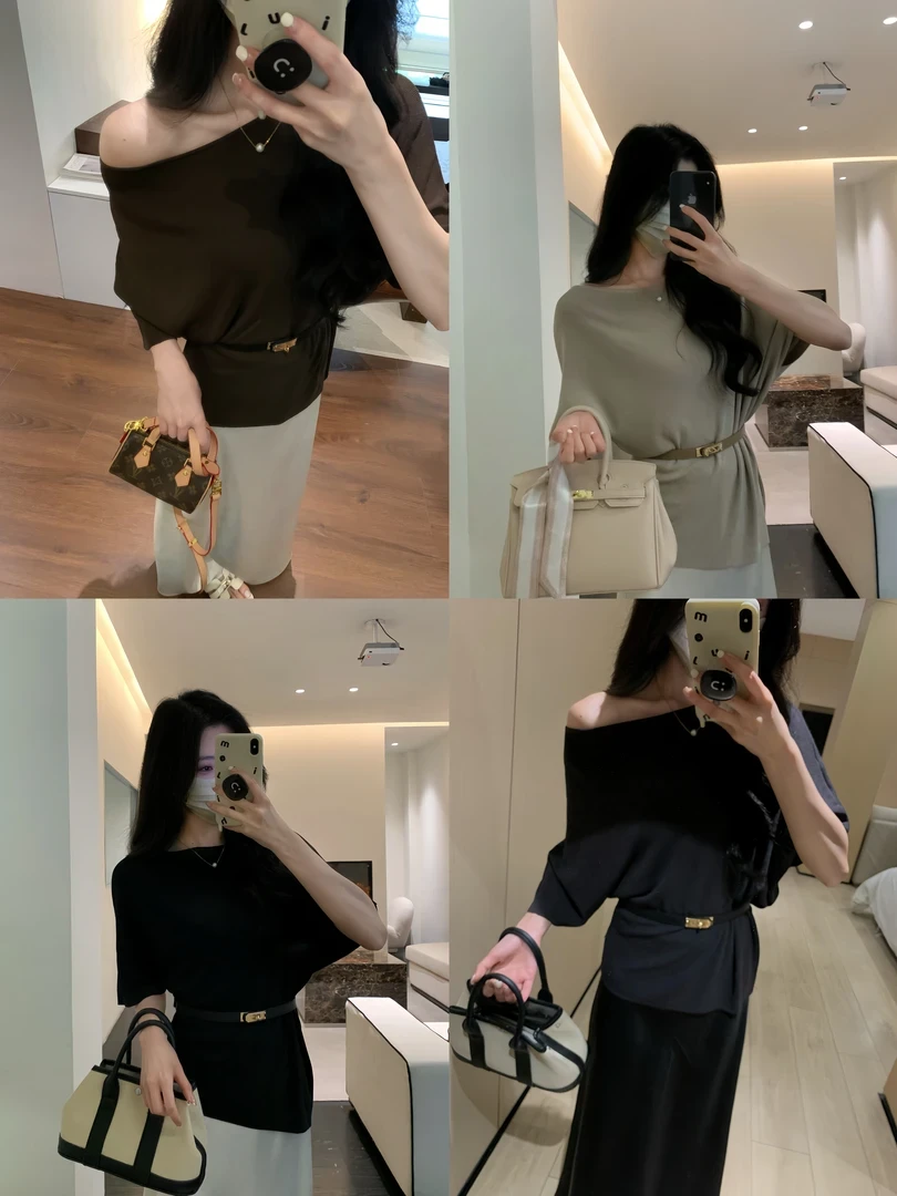 6129# 新品气质显瘦夏季法式圆领冰丝针织衫女宽松上衣(配腰带)⒈