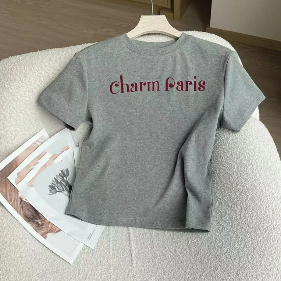 美式复古字母印花设计感显瘦短袖T恤2025夏季新款圆领百搭上衣