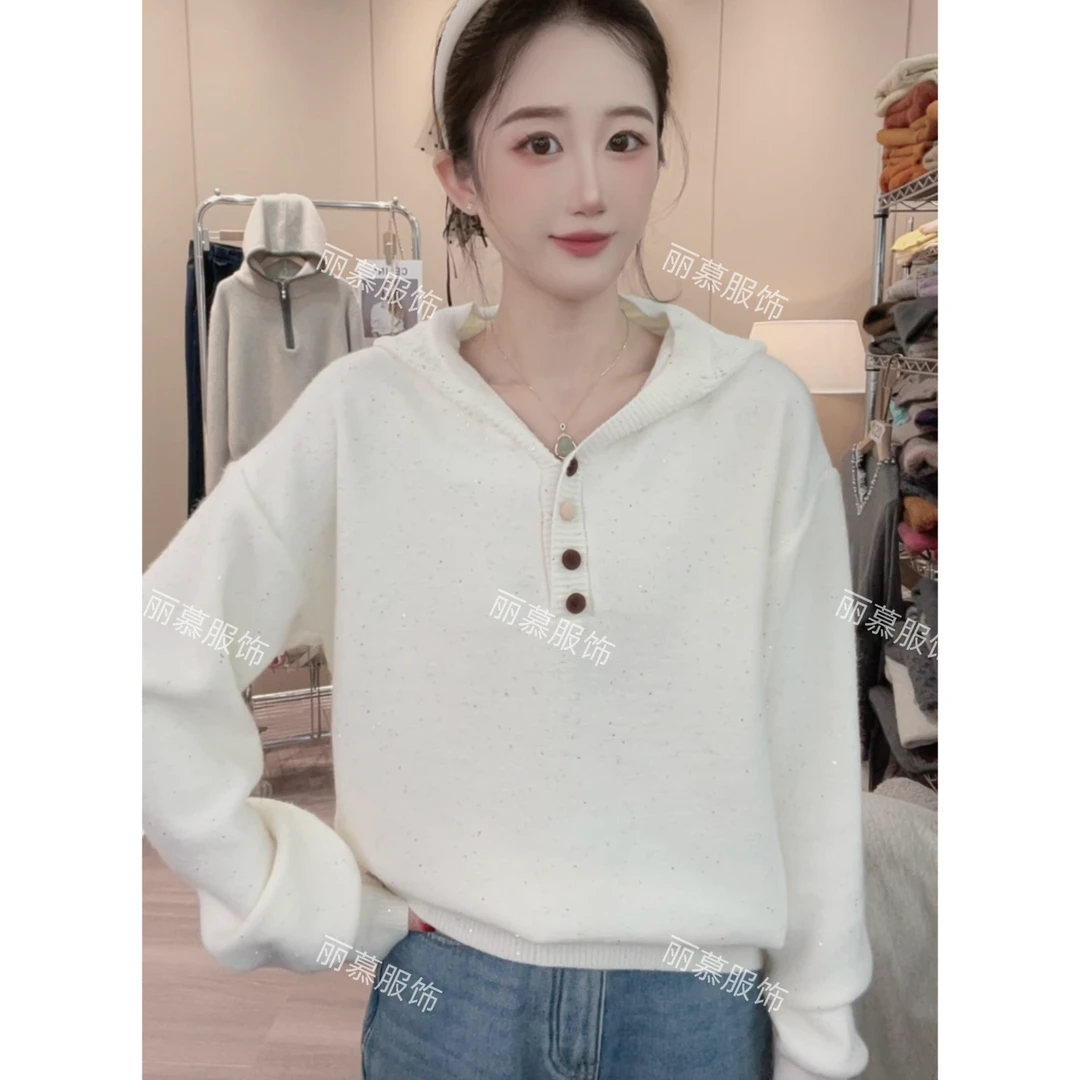 【亮闪闪连帽衫】亮片闪闪包扣纯色针织连帽衫宽松显瘦毛衣1270