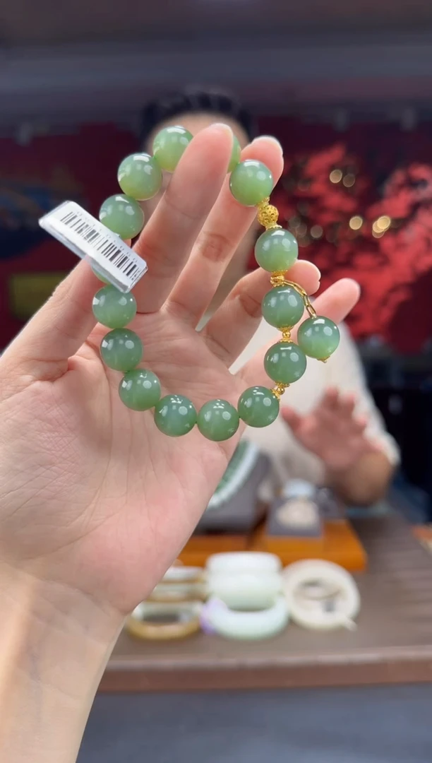 18K金镶嵌手串和田玉碧玉猫粉青diy单圈手串