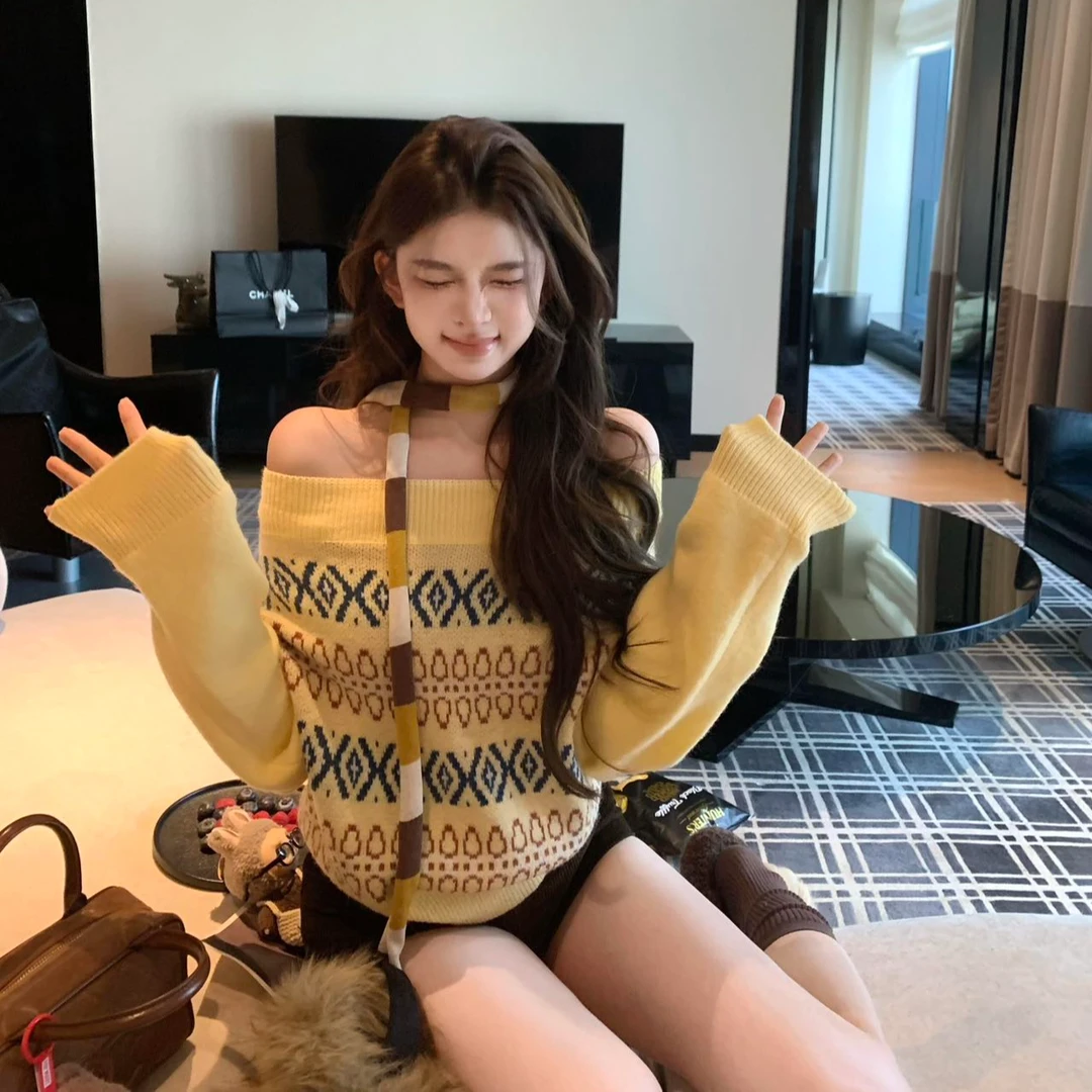 毛针织衫女装长袖常规韩版百搭设计感提花针织慵懒风上衣短裤套装