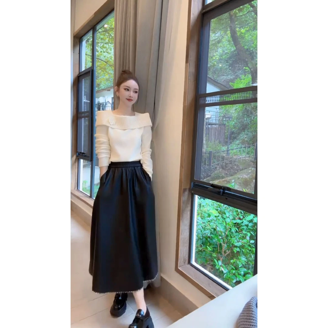 法式高级感一字肩白色针织衫女2025秋冬新款轻熟简约显瘦毛衣上衣