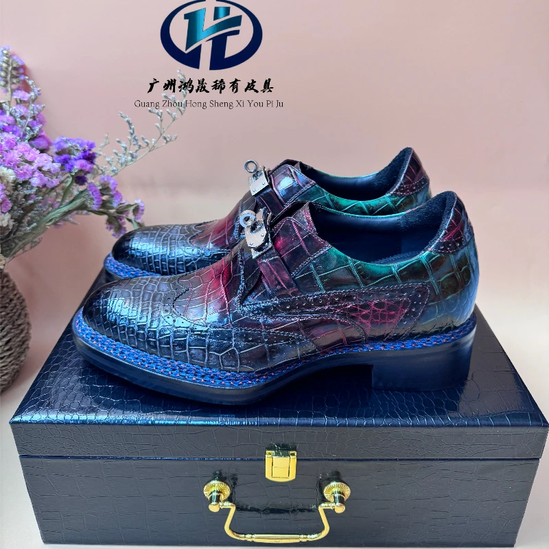 时尚经典百搭纯手工挪威缝线擦色鳄鱼皮男士内增高鞋