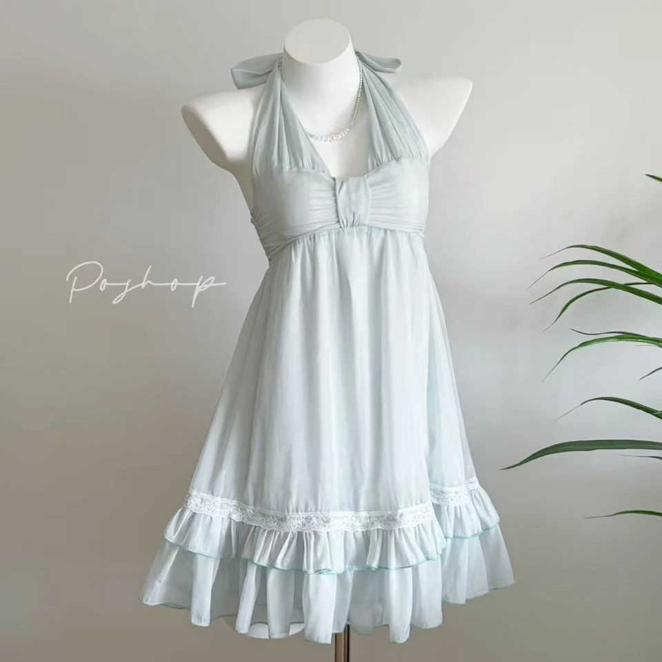 POSHOP  薄荷之夏 奈奈子风挂脖连衣裙度假风 百搭显瘦甜美