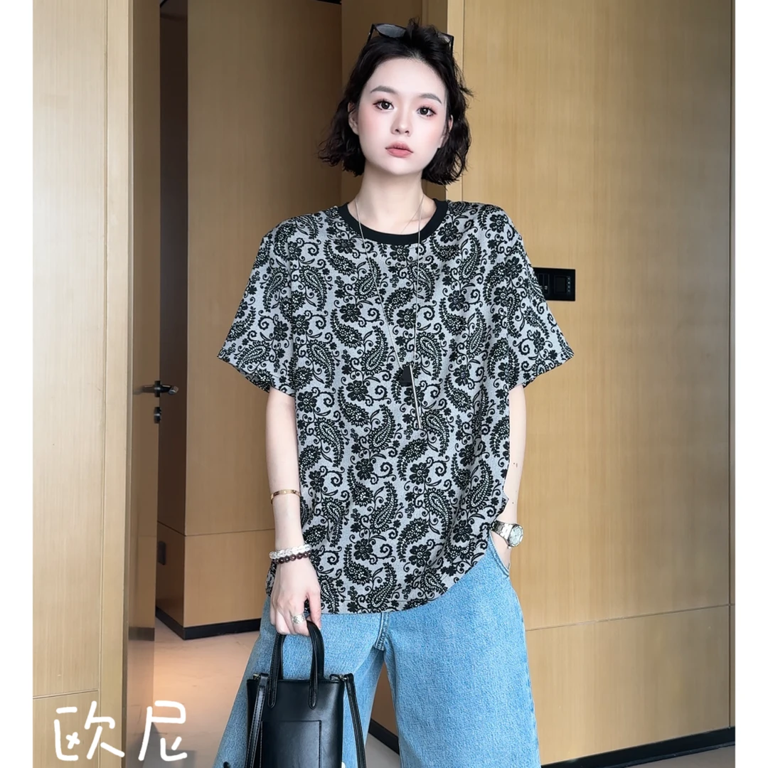 欧尼私服 2025夏韩版简约复古显瘦印花宽松百搭T恤2505C2428