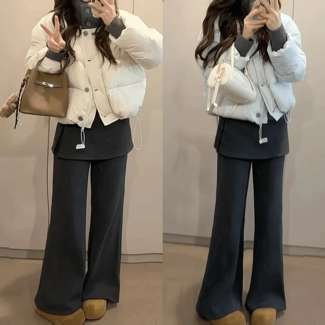 休闲高腰喇叭裤假两件屁帘微喇裤女秋冬2025新款显瘦加绒毛呢加厚