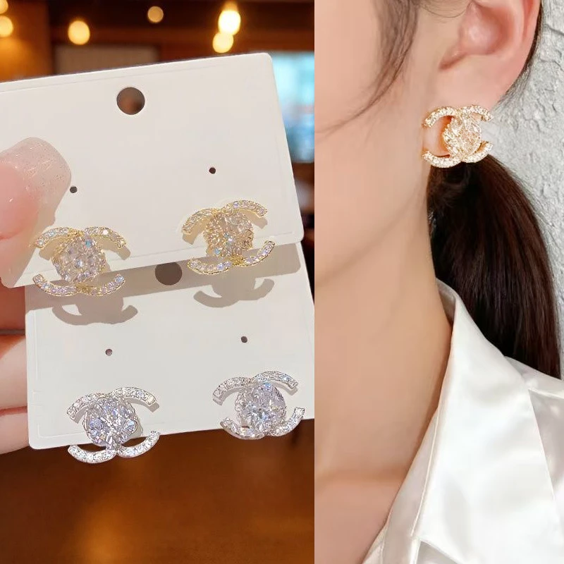 铜合金锆石耳饰 金色几何图案耳环耳饰镶钻个性满钻简约轻奢 百搭