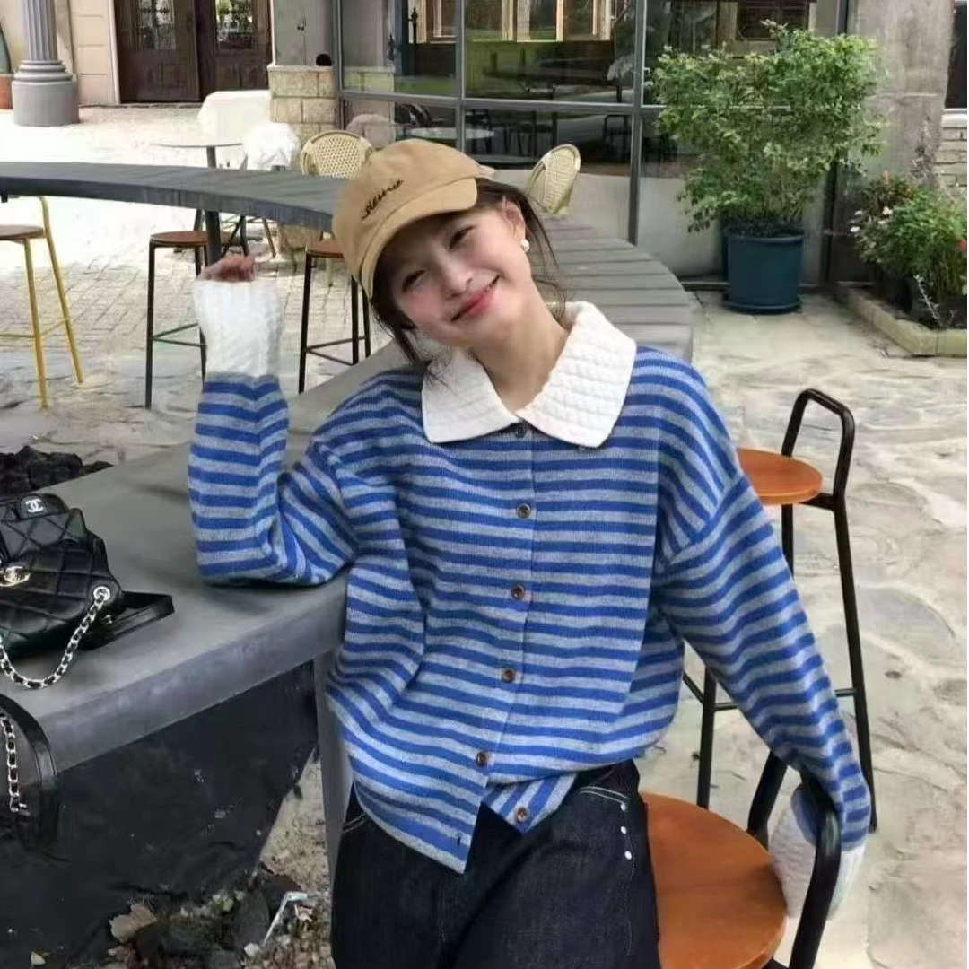 小香风条纹polo领长袖毛衣针织衫女早秋季慵懒松弛感穿搭外套上衣