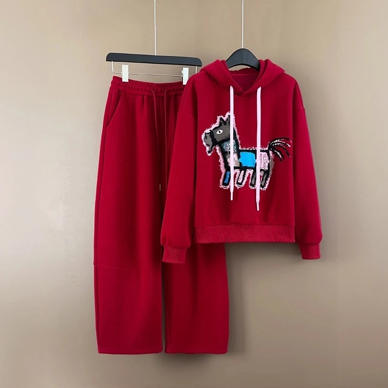 （晨夕专属）2026新款卡通印花连帽卫衣阔腿裤两件套休闲运动装加绒