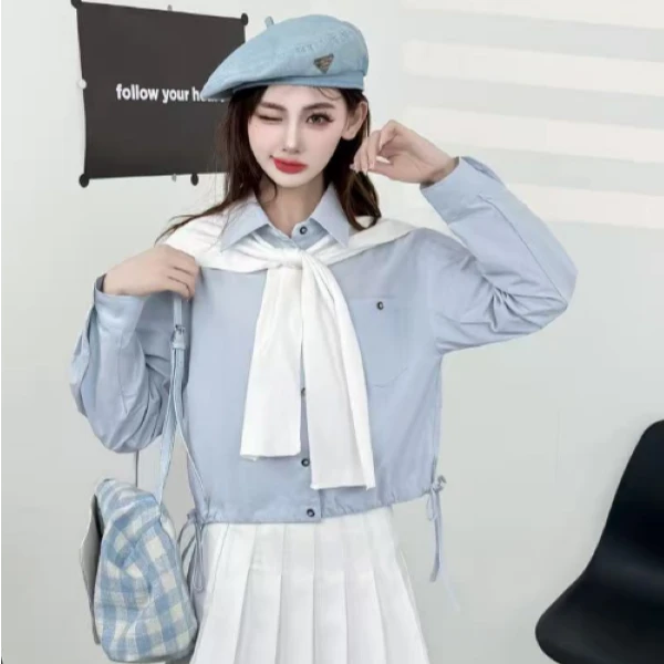 长袖春季常规款短款宽松型衬衫蓝色jk外套学院风网红洋气炸街女装
