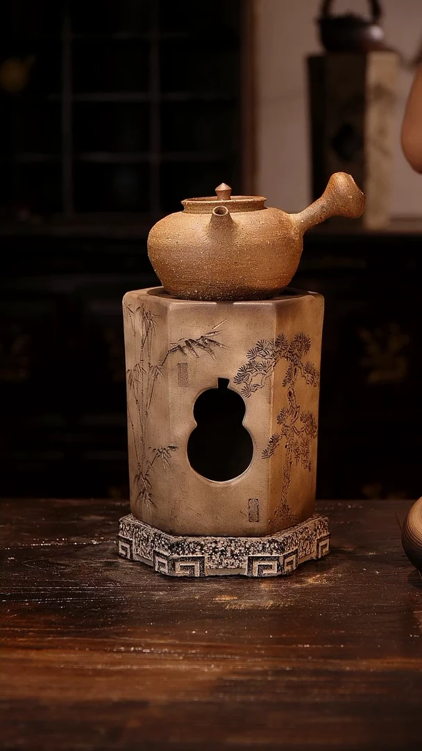 柴烧石矿侧把+白泥六角雕刻炉一步到位