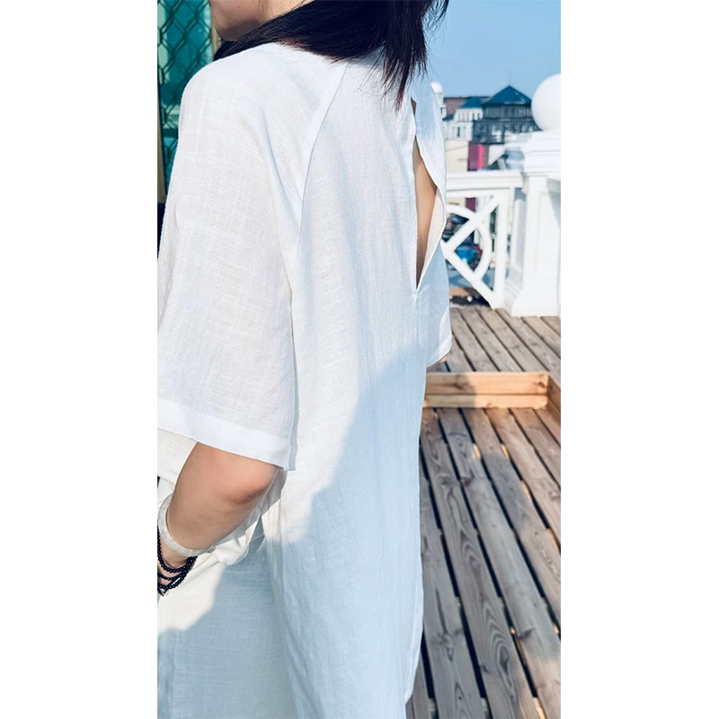 CJHong.短袖单品 天丝亚麻休闲时尚百搭夏季宽松纯色T恤可外穿