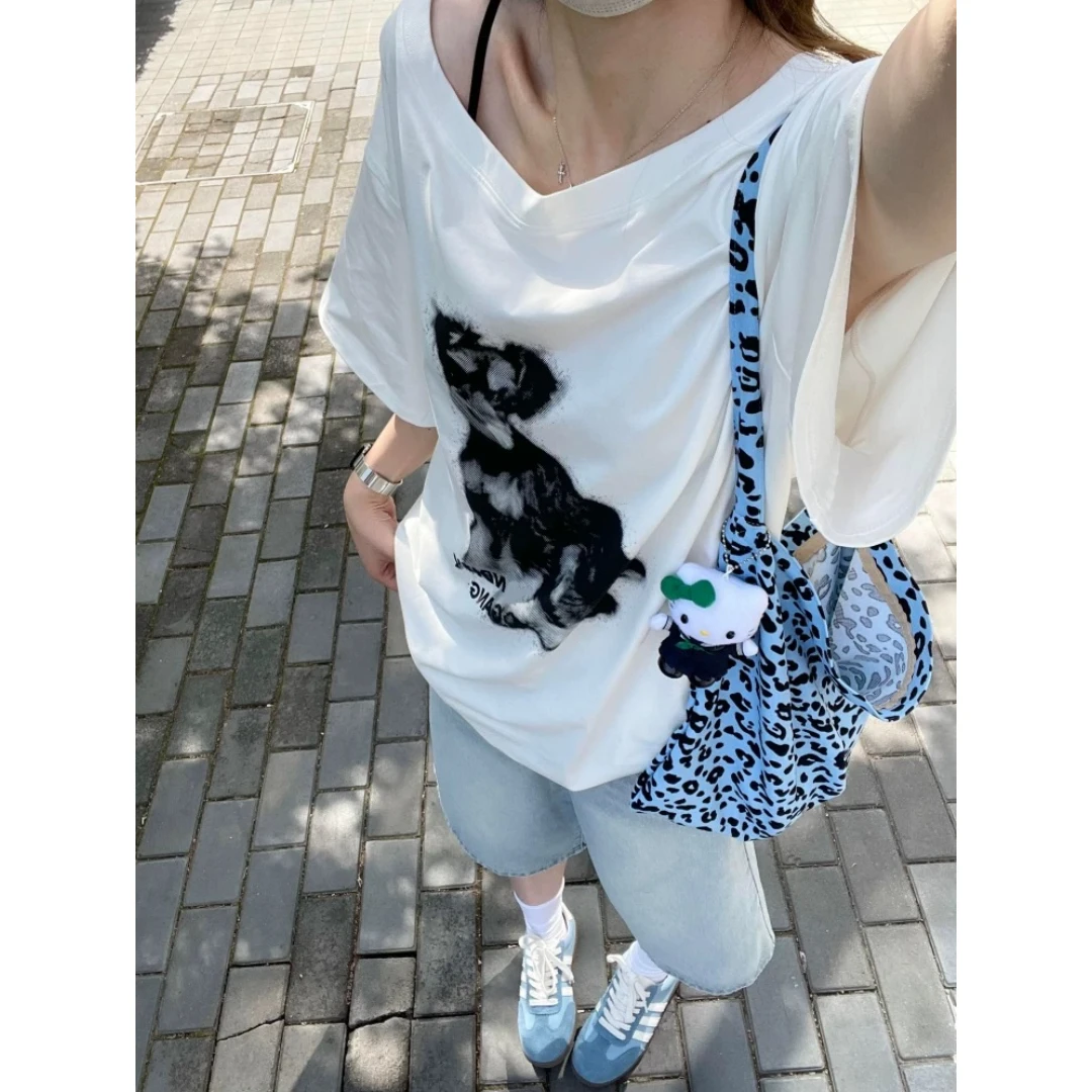 美式复古印花一字肩斜肩短袖T恤女夏季新款宽松显瘦露肩休闲上衣