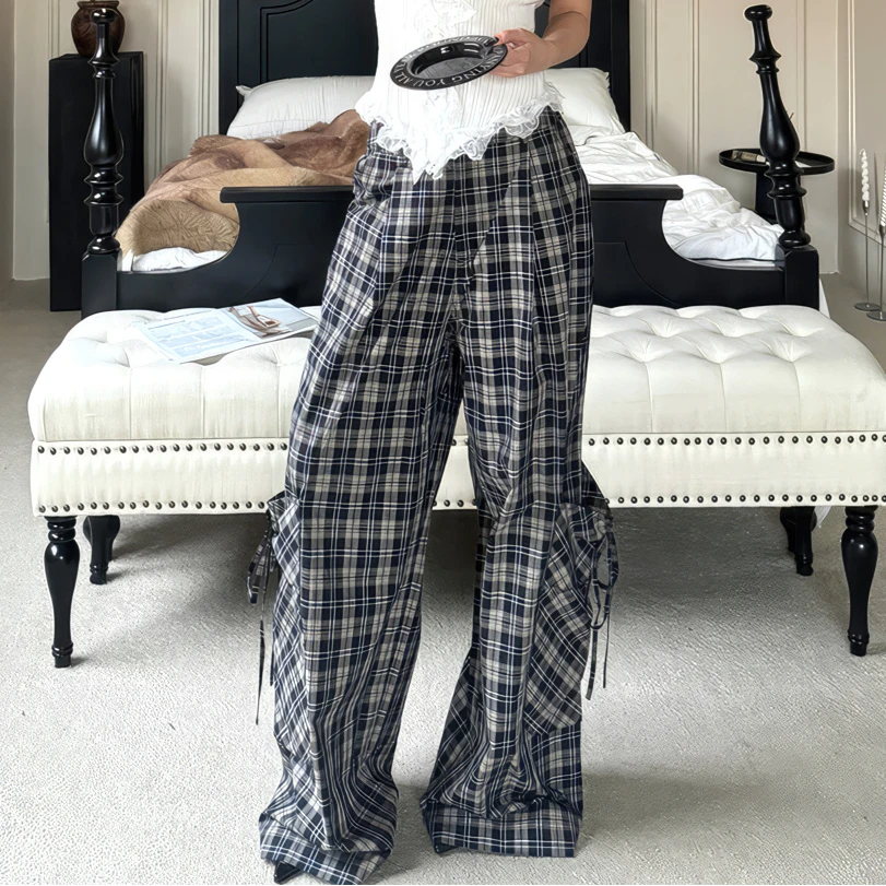 渐变格纹直筒格子裤阔腿工装裤抽褶绑带大口袋慵懒休闲长裤宽松