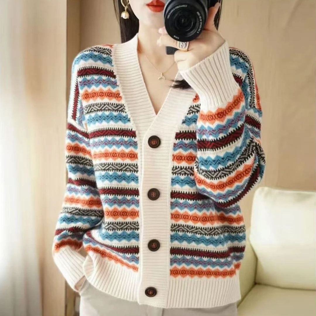 孔雀蓝复古条纹韩版宽松显瘦针织开衫女 1050