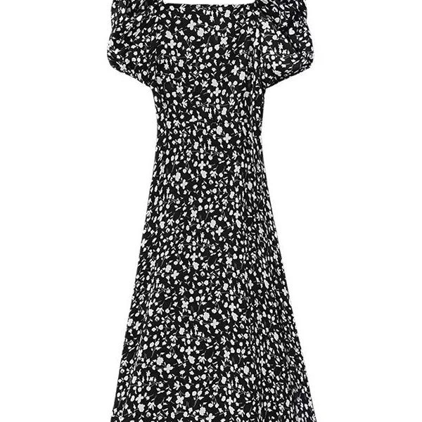 法式方领黑色长裙子