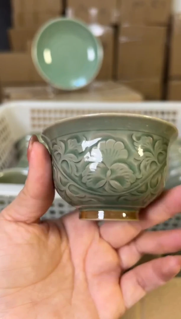 陶瓷耀州窑纯手工缠枝牡丹压手杯正品一只