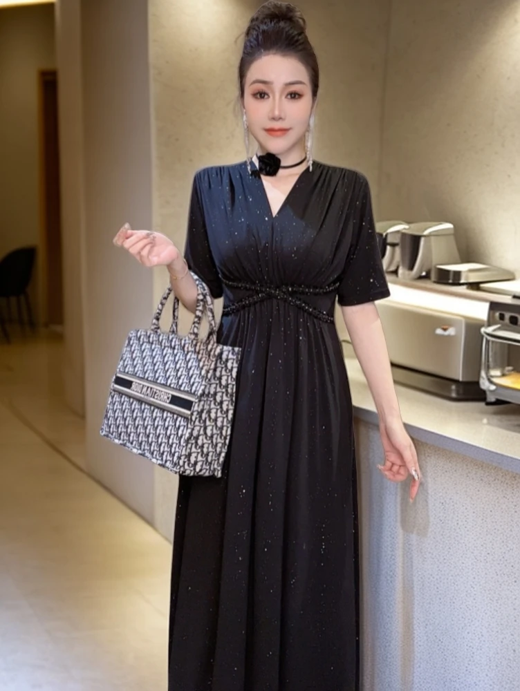 短袖钉珠一体成型高端工艺夏季显瘦高腰气质连衣裙高贵