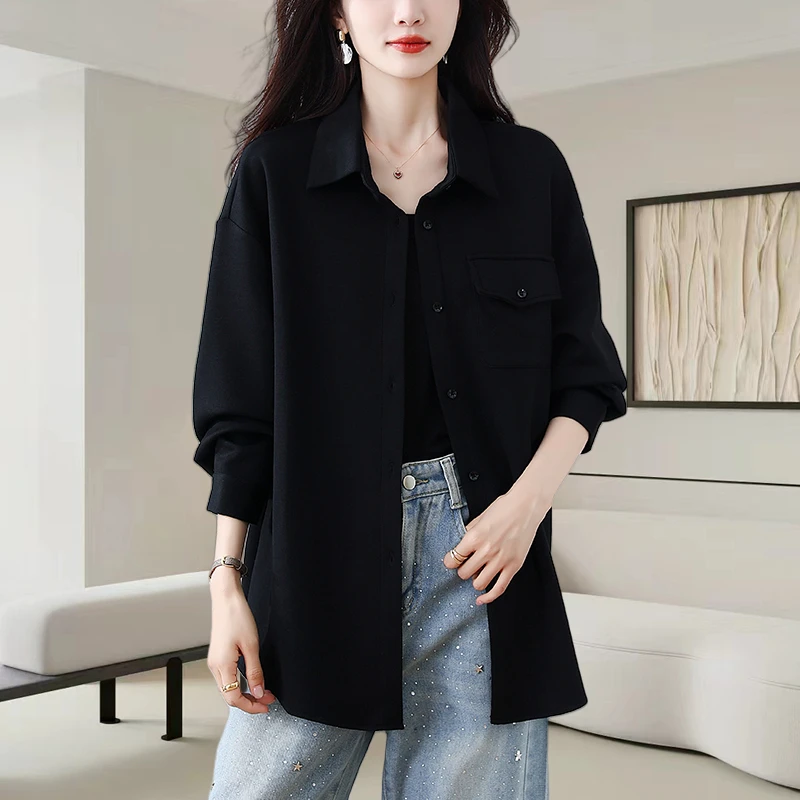 设计感小众气质高级感黑色衬衫女2025秋季新款慵懒宽松外套上衣