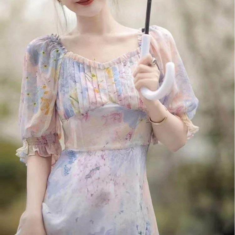 茶歇法式别致绝美温柔高级感名媛气质小香风紫色碎花连衣裙女长裙