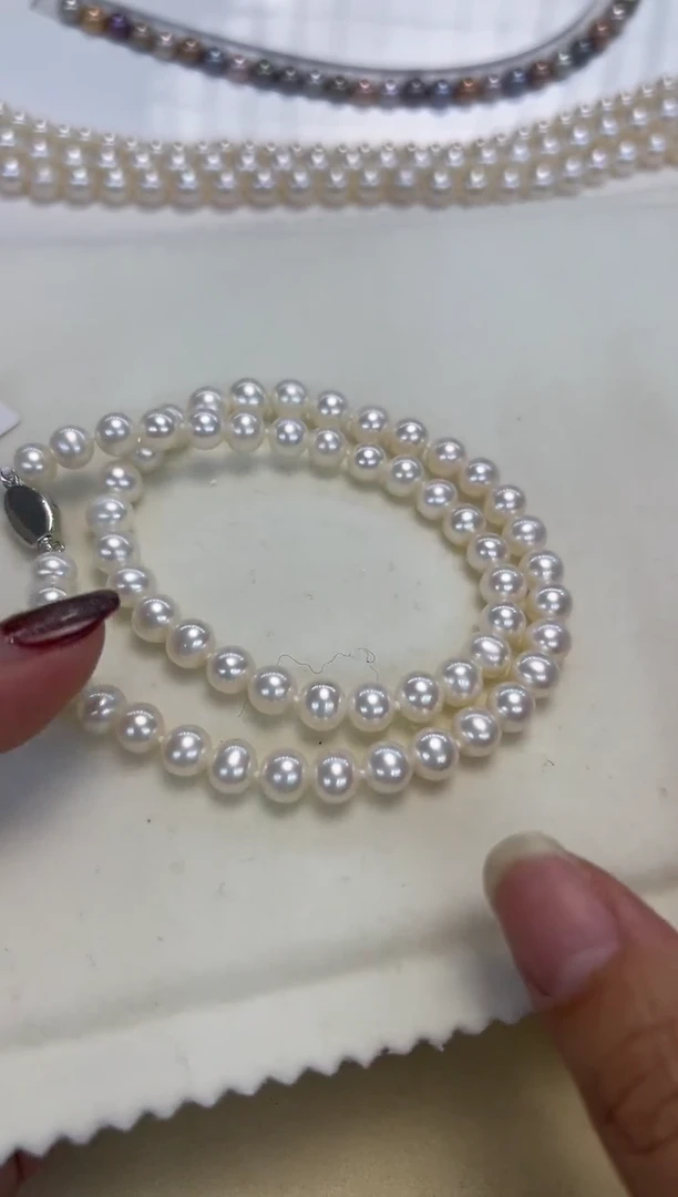 颈饰银S925镶嵌淡水珍珠6.5-7.5mm无核白珠项链