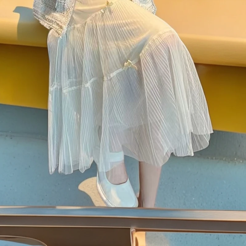 百搭蝴蝶结蛋糕裙韩版高腰半身裙百褶夏季裙子女装高智淡人风白色