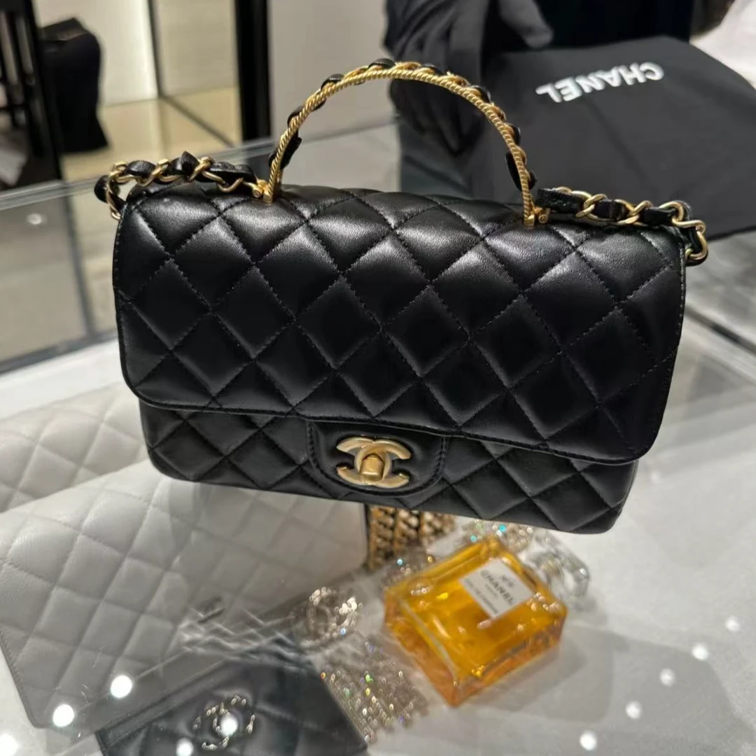 99新 Chanel/香奈儿 0416|香奈儿cf黑金芯片新款编织手柄大迷你斜
