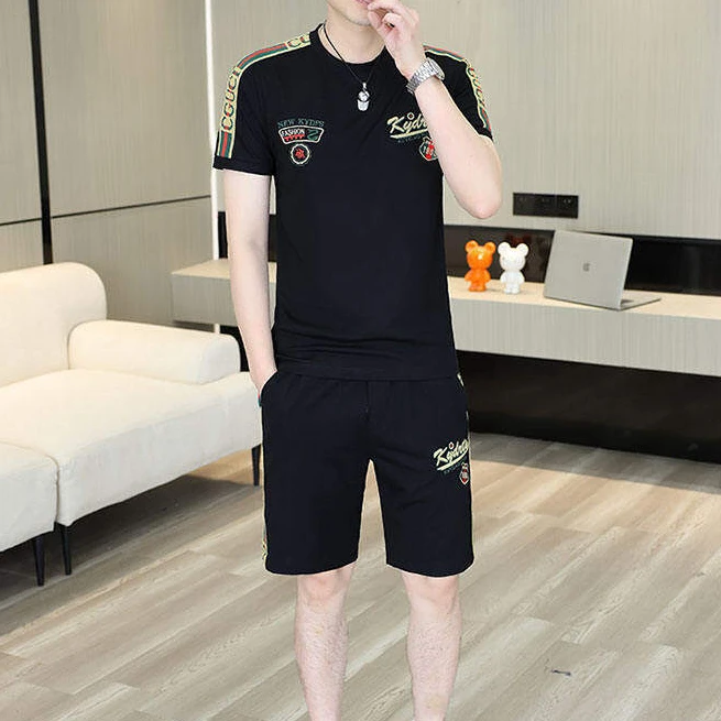 欧洲站夏季男士时尚帅气圆领短袖潮流夏季刺绣休闲短袖短裤套装