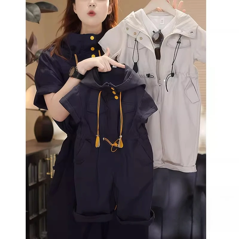 女童工装风连体衣2025夏款儿童格雷短袖连体抽绳裤子亲子装薄款酷