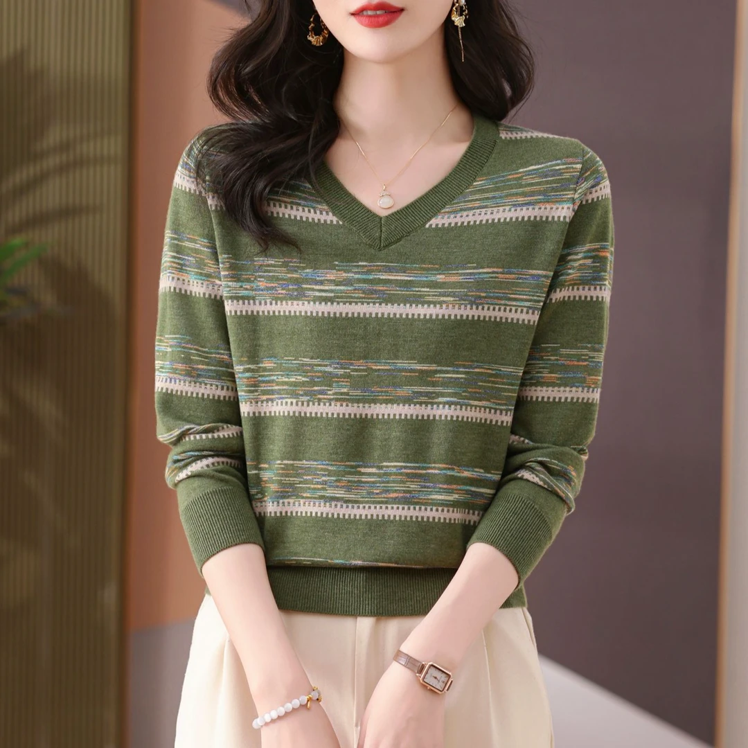 条纹彩纱设计感百搭V领小衫2025春秋薄款洋气爆款套头长袖针织衫