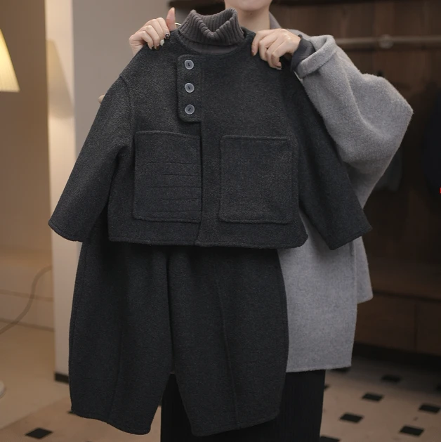【两个小盆友】冬季儿童韩版纯色休闲时尚男女童洋气毛呢套装885685