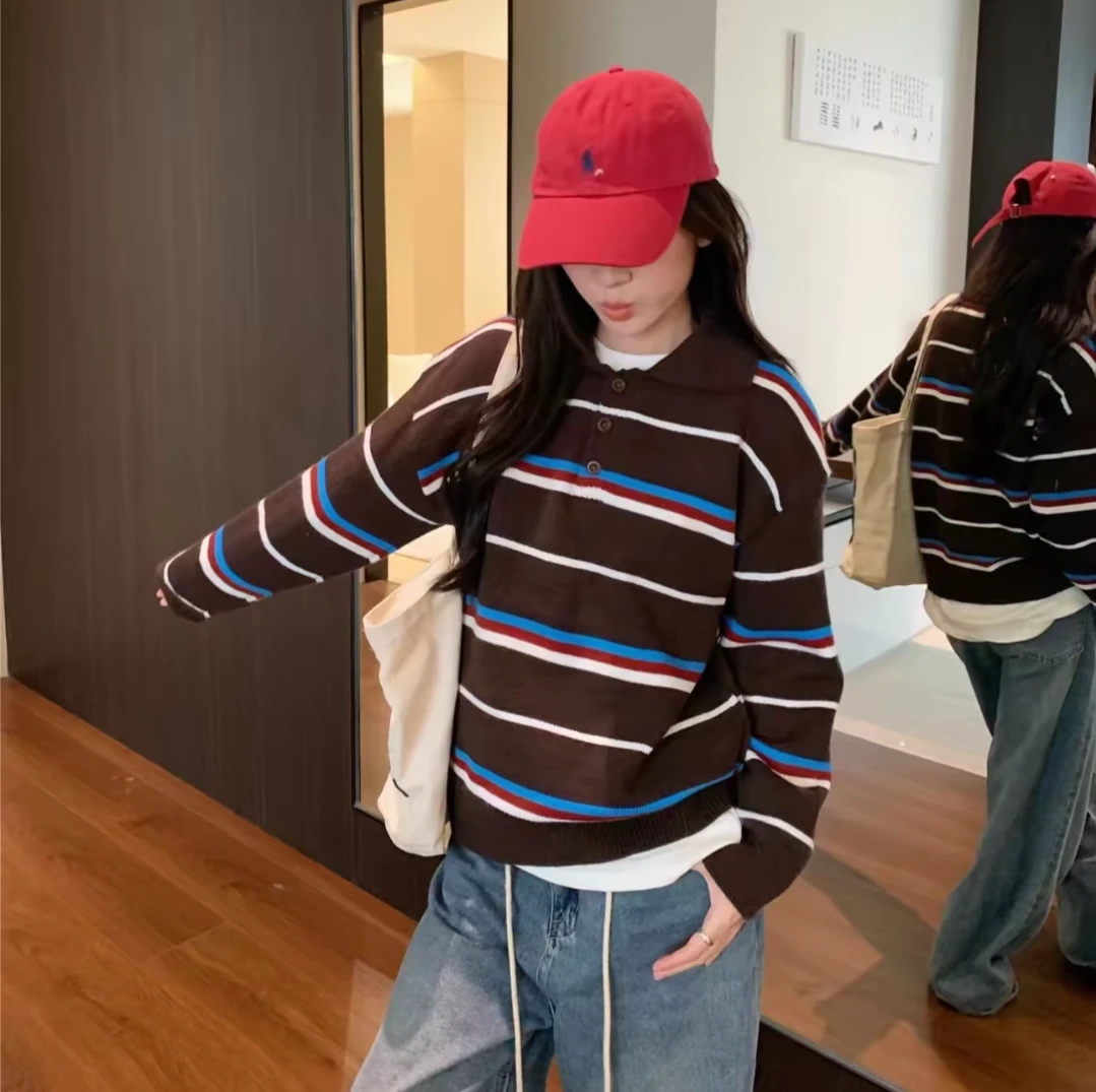 大码女装韩版复古POLO衫条纹长袖针织毛衣女秋冬胖mm休闲显瘦上衣