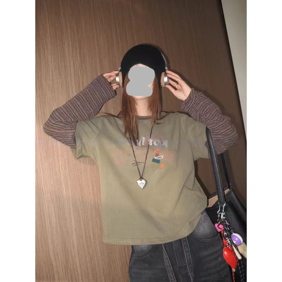 【拼接假两件T恤】2025年秋冬设计感撞色条纹拼接假两件长袖T恤