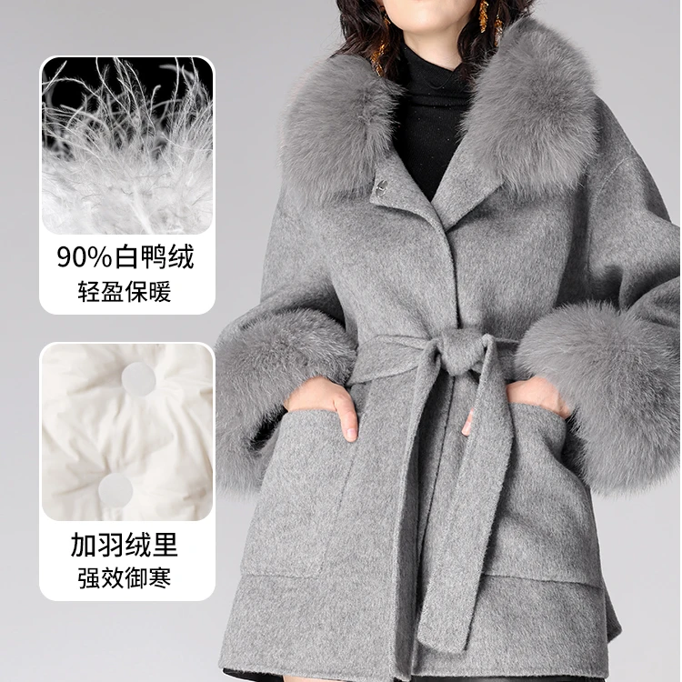 【媛媛女王专享】AUI灰色毛领短款毛呢外套女呢子大衣-24D097190Z