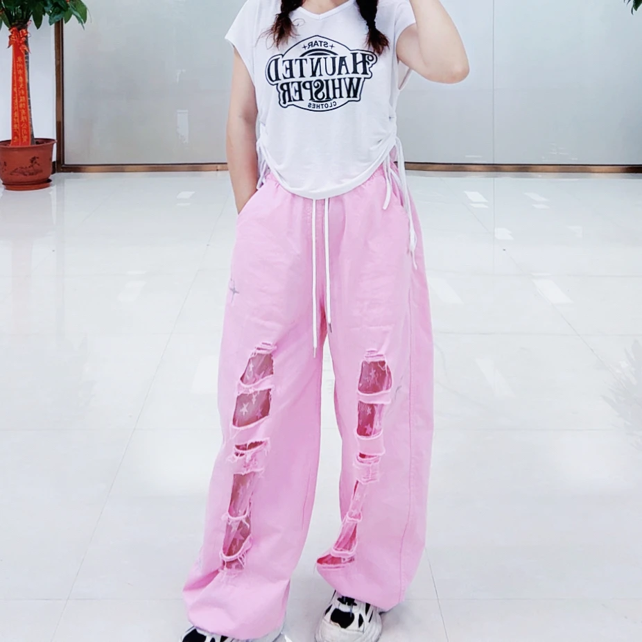 2529美式街头复古拼接蕾丝镂空破洞时尚休闲牛仔裤爵士跳舞阔腿裤