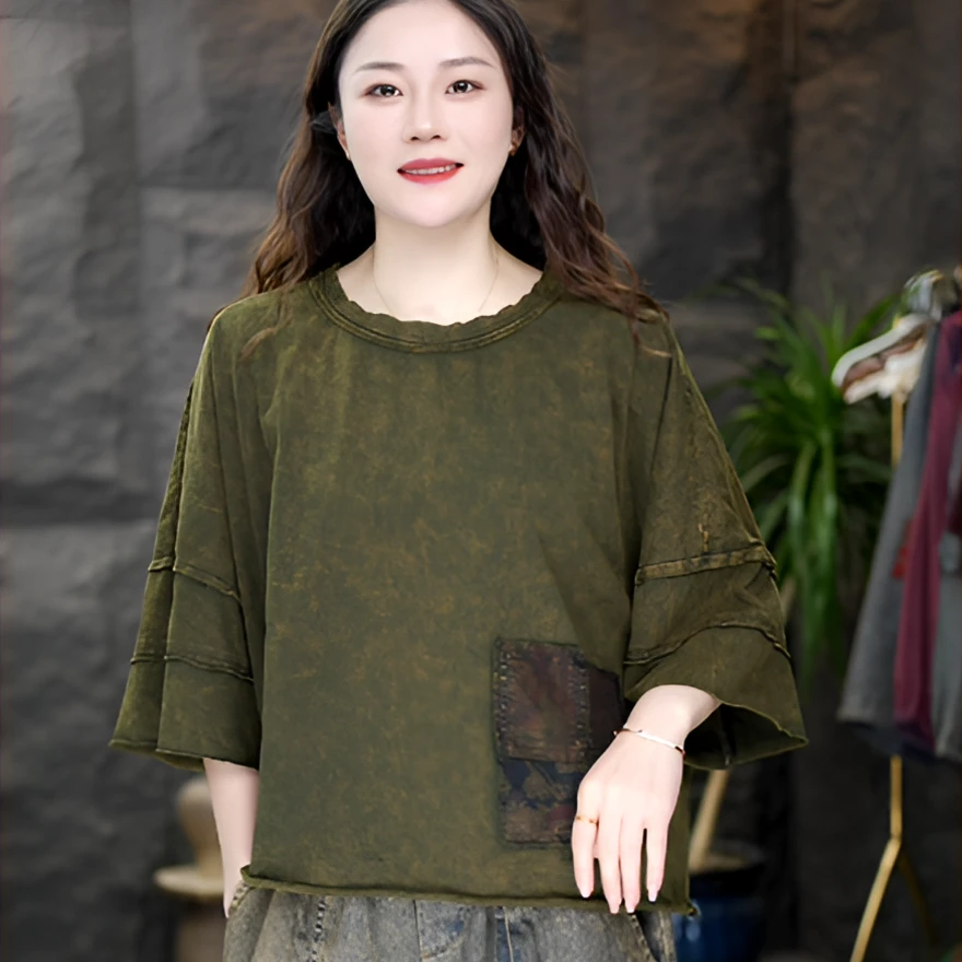 GG宽松型短款工装风中袖圆领T恤宽松复古中式春夏提花套头时尚