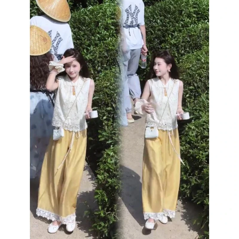《初夏·玫瑰的故事》艺术穿搭蕾丝小衫《一枕黄粱》定染黄色阔腿裤子