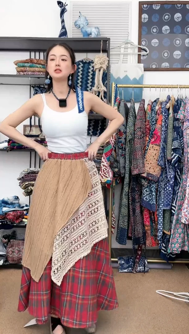 【闪购商品】红色格纹拼接半身裙 福利