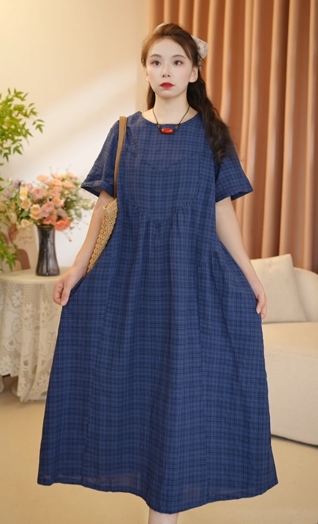 夏季新款复古风圆领宽松连衣裙收腰碎花显瘦气质修身薄款长裙0033