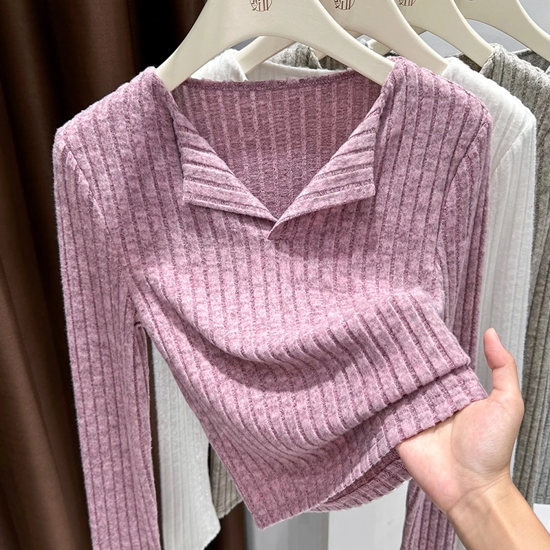 设计感半开V领磨毛打底衫女洋气内搭修身长袖T恤秋冬新款气质上衣