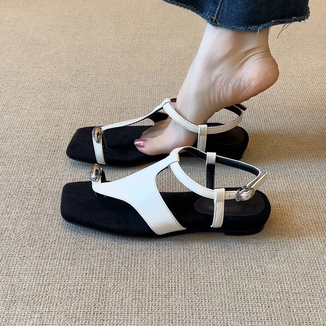 RubyL/2cm夏季新款法式简约通勤舒适百搭丁字带纯色坡跟套趾凉鞋