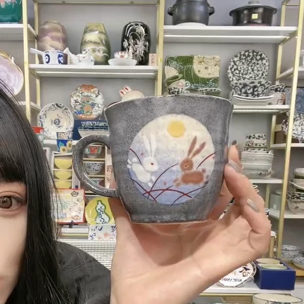 九谷福利【单支】日本进口九谷烧月兔马克杯-青